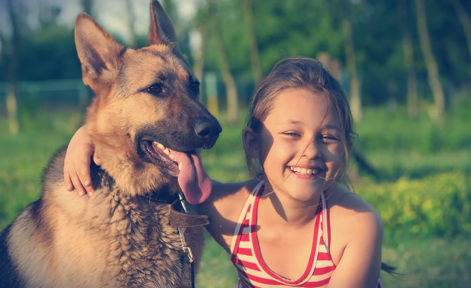 Kind legt vertrauensvoll den Arm um den Hund